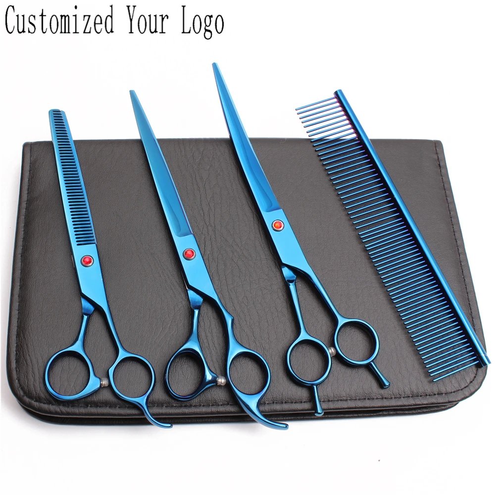 

8" Stainless Customize Logo Blue Animal Shears Cutting Shears Thinning Shears Curved Shears Professional Pets Scissors Kit C3005