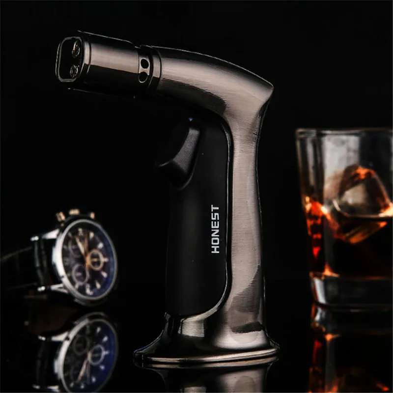 Kaufen 4 düsen Feuer Rohr Leichter Butan Jet Fackel Leichter Zigarre Gas Feuerzeug Freies Winddicht Spray Gun Für Outdoor Küche BBQ 1300 C