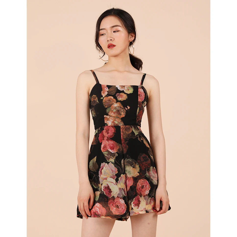 

Women Floral Print Jumpsuit Vintage Oil-painting Bodice Strap Wide Leg Shorts Jumpsuits 2019 Newest Style Beachwear
