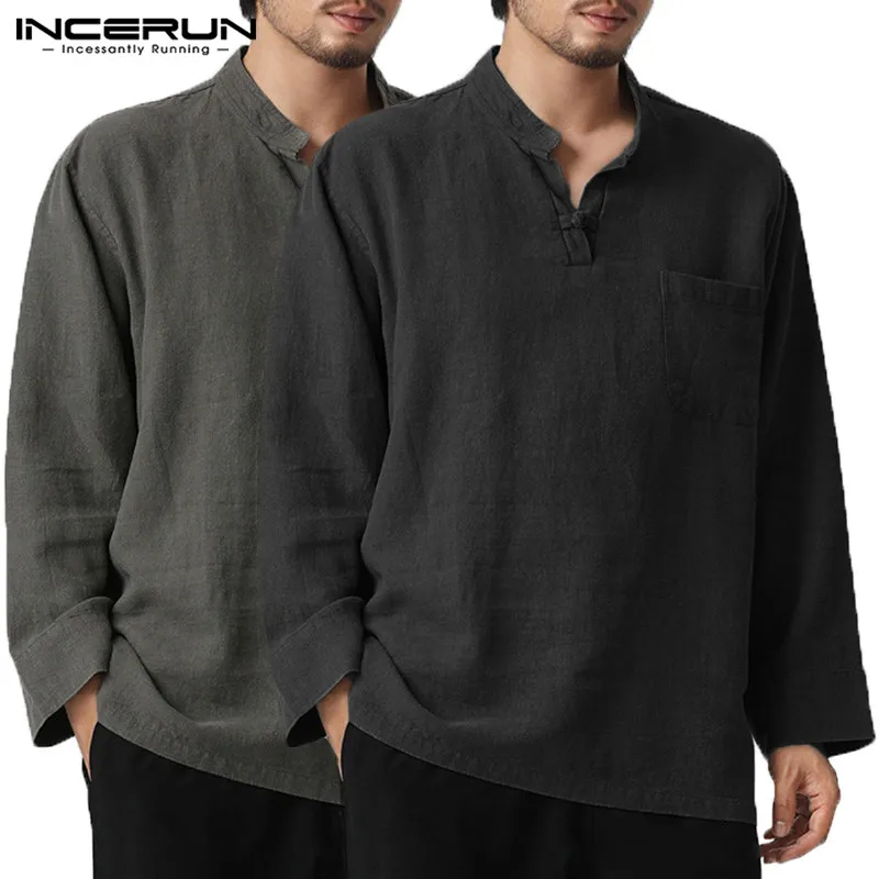 INCERUN, мужские футболки, мода, пуловеры, мужские рубашки, v-образный вырез, Ретро стиль, китайские пуговицы, нагрудные карманы, простые, большие, 5XL, Camisas Hombre