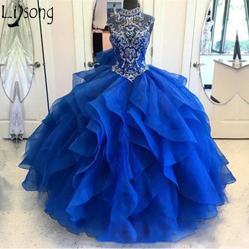 

High Neck Crystal Beaded Bodice Corset Organza Layered Quinceanera Dress Ball Gown 2018 Princess Vestidos Party Dress Real Photo