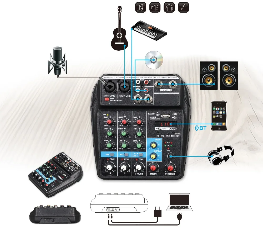 Звуковой микшерный пульт с Bluetooth записью мини аудио микшер с USB Профессиональный 4 канала DJ Караоке КТВ встречи речи