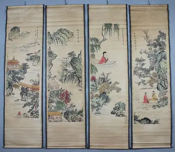 

Antique calligraphy and painting the living room of mural four screen Landscape painting