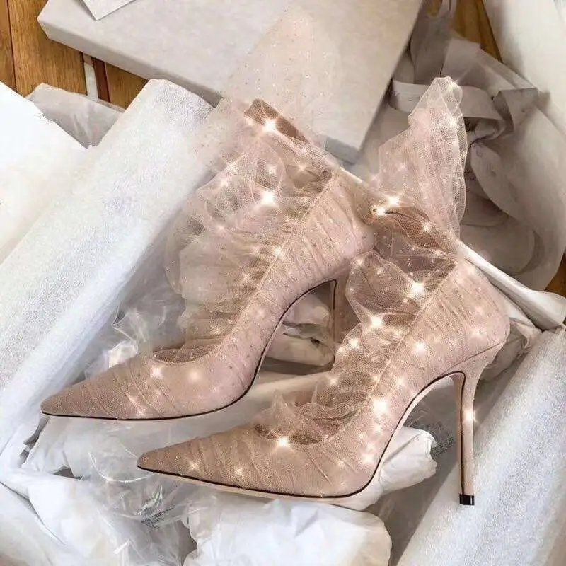 

Newest Pink Suede Pump Pointed toe Gold Glitter Tulle Bootie Women Shoes High Heels Elegant Wedding Heels Bride Shoes