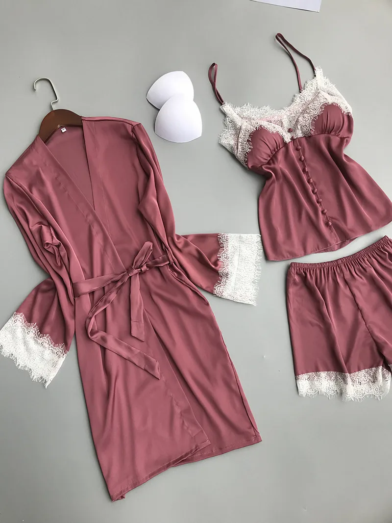 Lisacmvpnel 3 Pcs Ice Silk Robe Set Lace Sexy Bathrobe Spaghetti Strap With Chest Pad Nightdress+Robe+Shorts Pyjama For Women