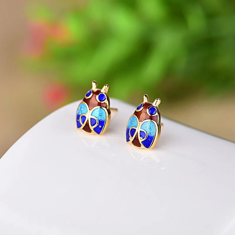 

Fashion Lady Cloisonne Enamel Insect Earing Women Ethnic Style Blue Small Beetle Stud Earring Gold Color Women Jewelry