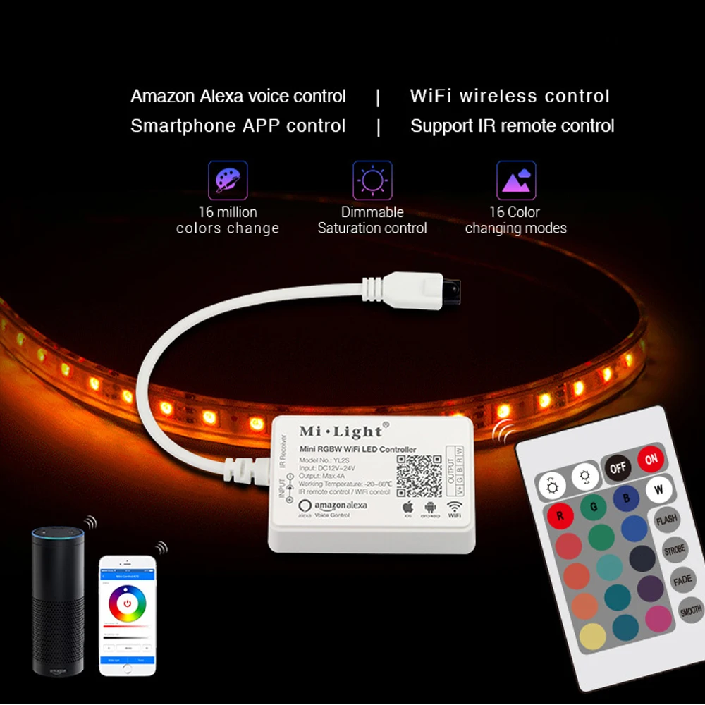 

Milight DC12-24V WIFI RGB RGBW strip controller 4G Group Alexa Phone WIFI remote controller for 5050 3528 led Strip light