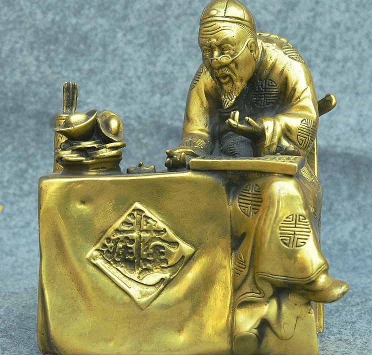 

7" Rare Old Chinese Folk Pure Bronze Wealth YuanBao Old Man Do accounts Statue