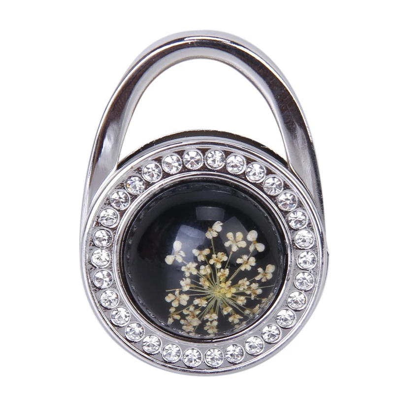 

Pressed-Flower Pattern Round Rhinestone Handbag Folding Hanger Hook (Black)