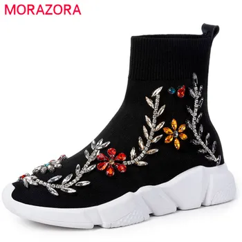 

MORAZORA 2020 newest Stretch socks boots round toe ankle boots for women crystal autumn boots comfortable casual flat shoes