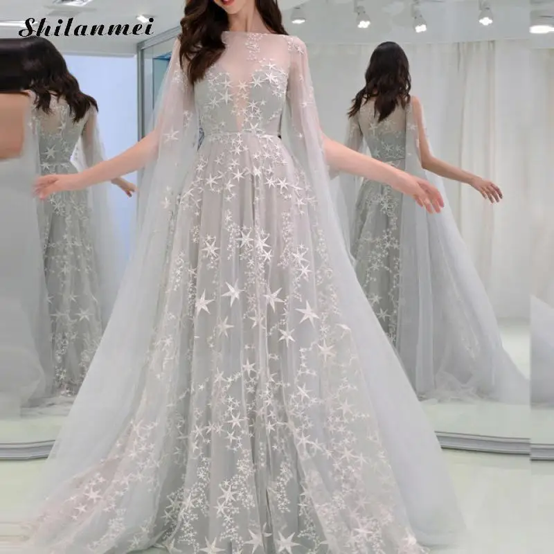

Vestidos Mermaid Glitter Stars Dubai Evening Party Dress Gray Mesh Sleeveless Long Formal Prom Gown Dress Cape Robe De Soiree