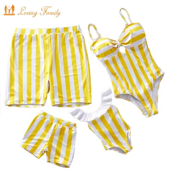 

Mom And Daughter Mommy And Me Swimsuit Family Swimsuits Yellow Stripe Swimwear Men Boys Beach Shorts Family Matching One Piece