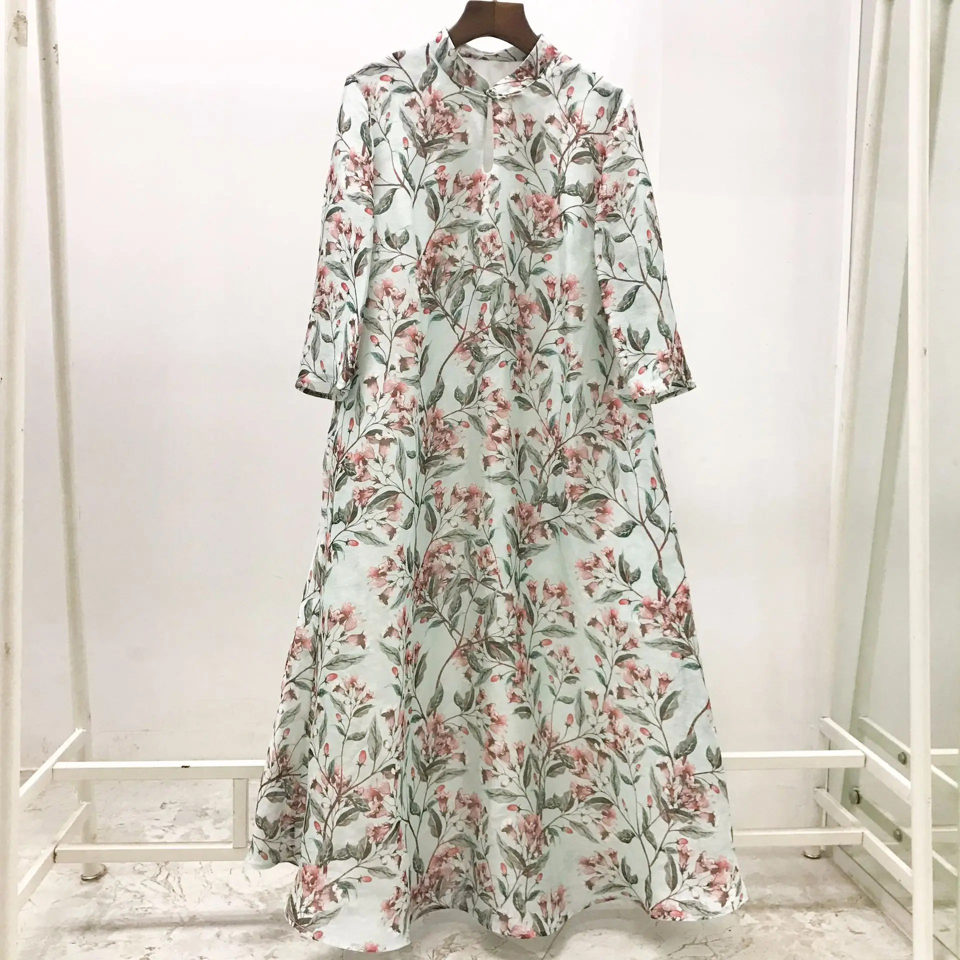 2019 весна/лето новые женские платье с цветочным принтом в китайском стиле 30% натурального шелка Большие размеры свободные длинные платья