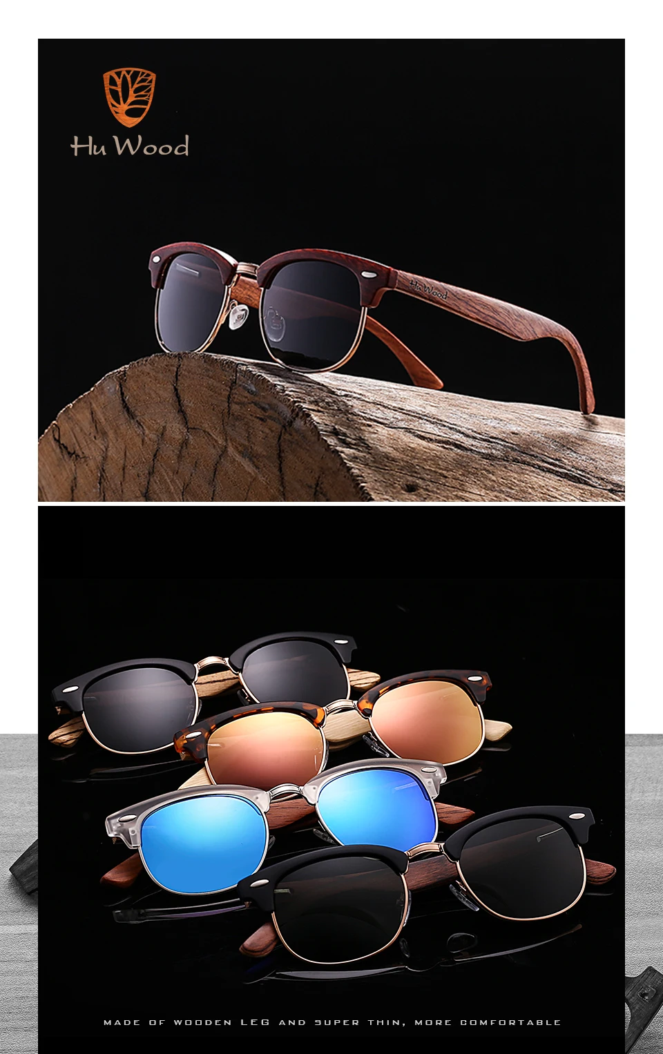 HU WOOD 2020 New Polarized Sunglasses Unisex Retro Wooden Striped High Quality Oval Semi-Rimless Brand Sun Glasses Female GR8005 best sunglasses for women