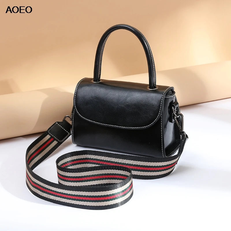 

AOEO Wide Stap Handbag Shoulder Bag For Women Split Leather Girl Fashion Messenger Bags Korean Style Ladies Small Bag Cross Body
