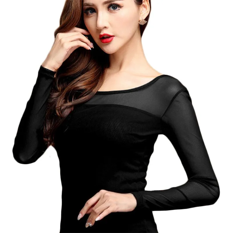 Womens Blouse Shirt Black White Sexy Long Casual Long Sleeve Lace Blusas Under Shirts Elastic Tops and Blouses Women New