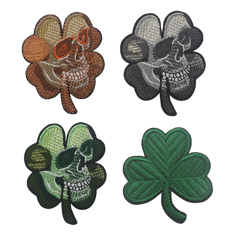 

Lucky 4 leaf Irish Biker Pirate Skull Clover Patches Tactical US Army Morale Military irish clover shamrock PATCH BADGE