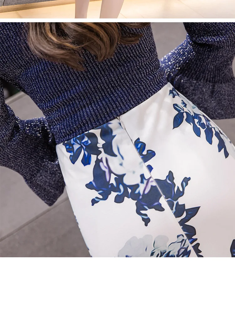 BunniesFairy осенне-зимняя женская Корейская элегантная синяя и белая фарфоровая узкая юбка-карандаш с цветочным принтом и высокой талией