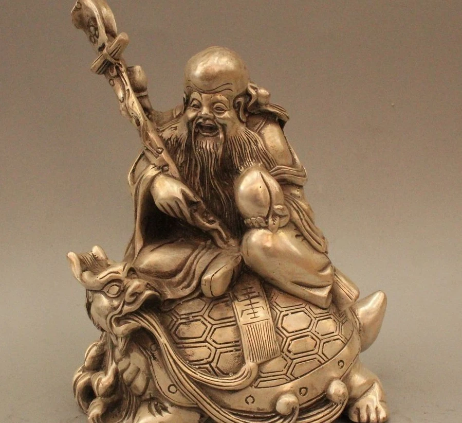 

7" Chinese Silver Longevity God Ride Dragon Turtle Tortoise Peach Wealth Statue