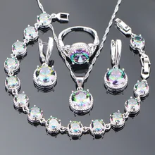 Женские 925 пробы Серебряные наборы свадебных ювелирных изделий серьги круглые Волшебные радужные камни Свадебный браслет кольца ожерелье набор подарочная коробка