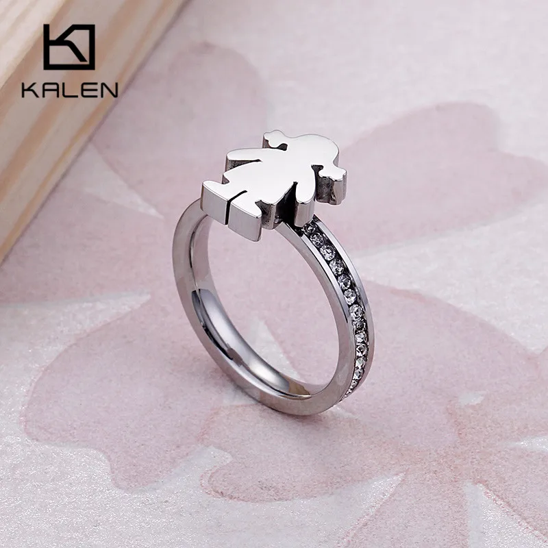 KALEN 2018 New Stainless Steel Silver Girl Charm Rings For Women Rhinestone Cartoon Girl Finger Rings Size 6 7 8 9 Rings Jewelry