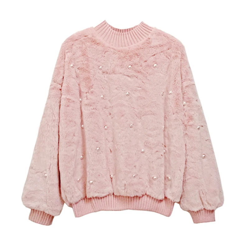 

PERHAPS U women pink brown fleece pullover beading pearl sweatshirt winter worm loose solid o neck casual faux fur H0031