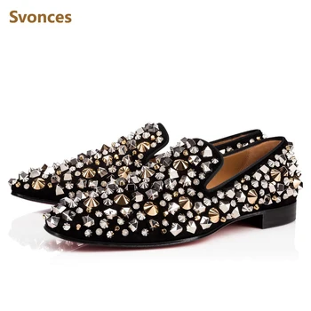 

Random Rivets Spikes Studs Mens Flats Comfortable Black Flock Shoes Man Fashion Casual Loafers Brand Dressing Female Sneakers