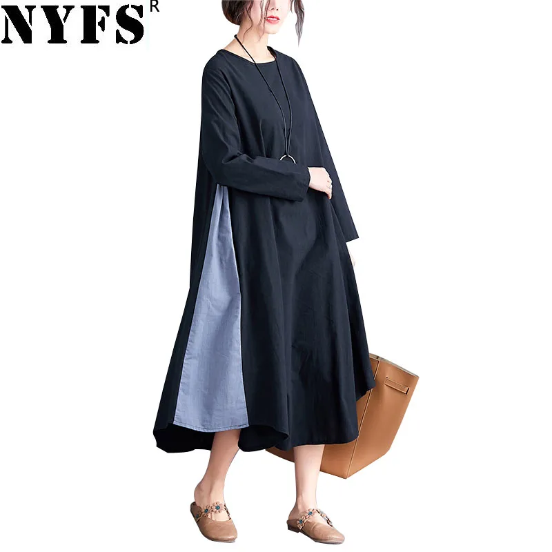 NYFS 2019 Новое весенне-летнее женское платье из хлопка и льна модное женское свободное двухцветное длинное платье с вышивкой женское платье