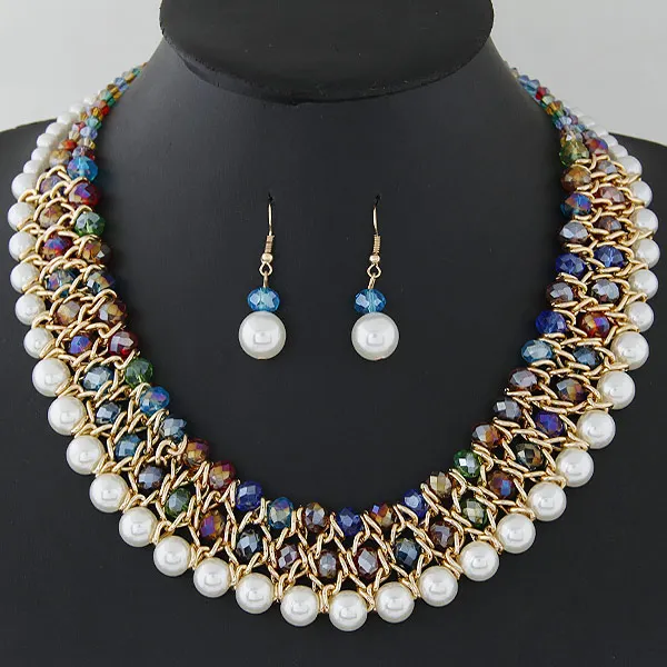 Kymyad, имитация жемчуга, ювелирные наборы для женщин, Африканский бисер, ювелирный набор, золотой цветной многослойный комплект, ожерелье, серьги - Окраска металла: multicolor