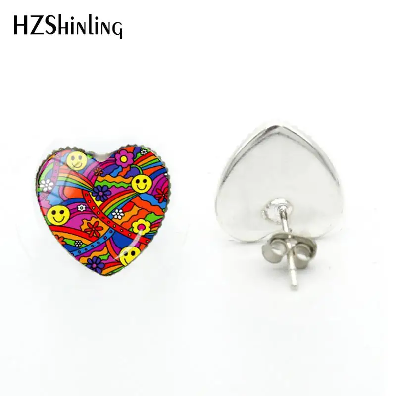 2018 New Smiley Face Heart Earring Rainbow And Flower Stud Earrings Hippy Pattern Silver Jewelry Glass Dome Photo Ear Studs