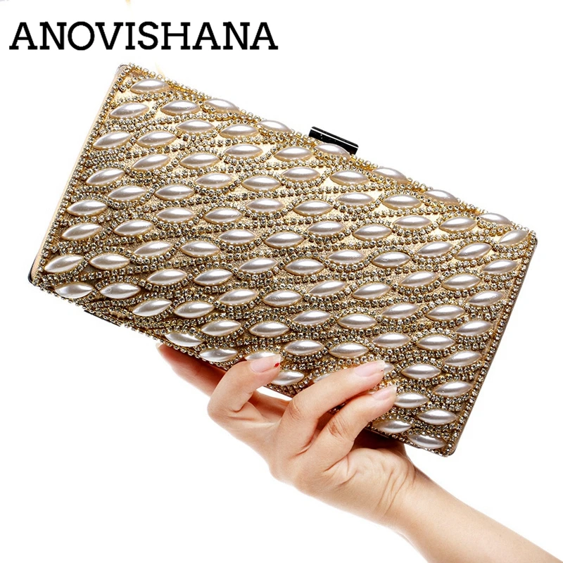 

ANOVISHANA Square Shaped Red Chain Shoulder Purse Rhinestones Women Evening Party Bag Pearl Lady Diamonds Clutch Wedding Handbag