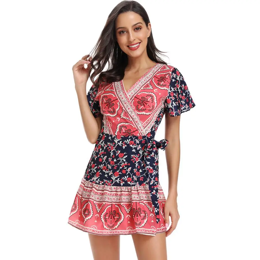 

2019 New Yfashion Women Summer Chic Printing Bohemian Style V-neck Short Sleeve Large Hem Dress