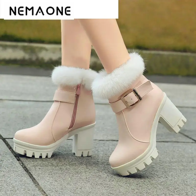 

2018 new fashion thick high heels warm snow boots fur inside women's ankle boots platform shoes woman