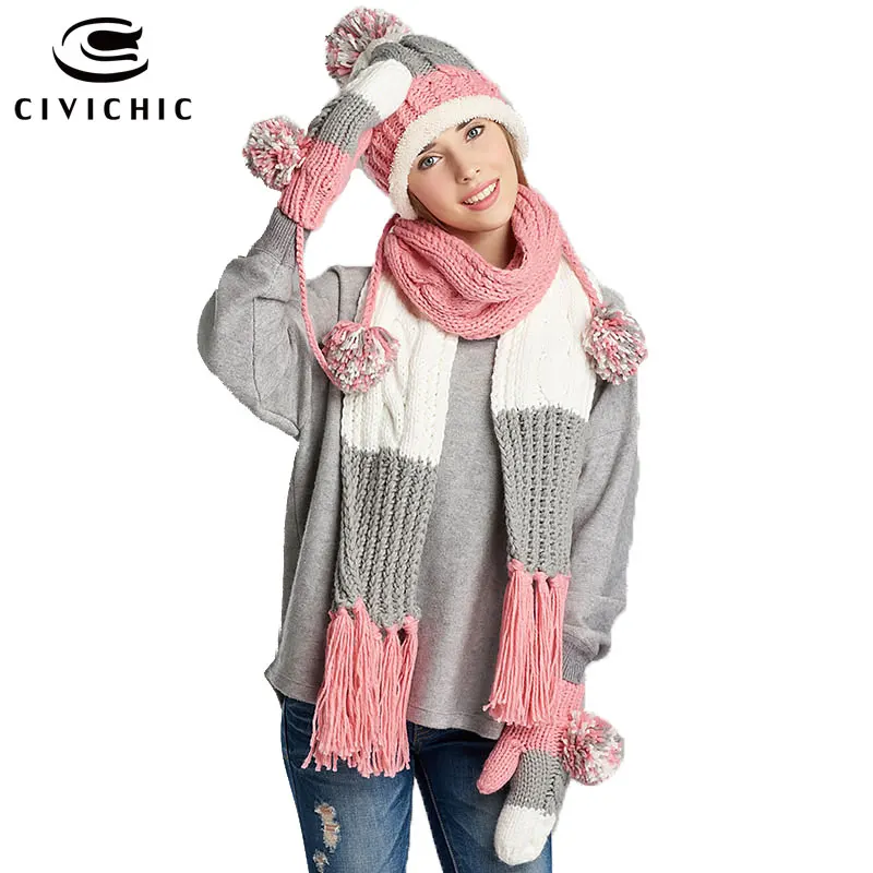 civichic-–-chapeau-echarpe-en-tricot-colore-pour-filles-elegant-cadeau-d'hiver-gant-couvre-chef-epais-chale-pompon-bonnets-3-pieces-sh146