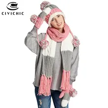 CIVICHIC, стильный подарок для девочек, зимняя разноцветная вязаная шапка, шарф, перчатка, 3 предмета, утолщенные шапки, Женская шаль с кисточками, шапочки с помпоном, SH146