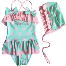 Летний детский купальник, бикини для девочек, бикини для девочек, купальник из двух предметов, Зеленый бикини в горошек с шапкой для маленьких девочек