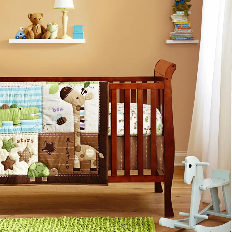 

Promotion! 6PCS Baby Bedding Printing Embroidery Crib Bedding Set,include (bumper+duvet+bed cover)