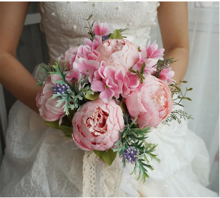 Flone European Artificial Peony Berry Flower Bouquet Bride Holding Flowers Fake Silk Flowers Home Party Decor Flower Arrangement (8)