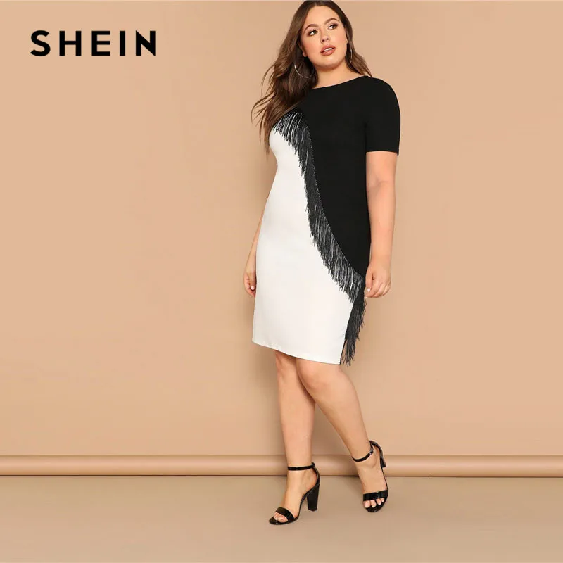 SHEIN زائد حجم هامش جبهتين لهجة قلم رصاص اللباس المرأة الصيف نهاية الأسبوع عارضة كم قصير نحيف Colorblock ميدي اللباس SHEIN زائد حجم هامش جبهتين لهجة قلم رصاص اللباس المرأة الصيف نهاية الأسبوع عارضة كم قصير نحيف Colorblock ميدي اللباس