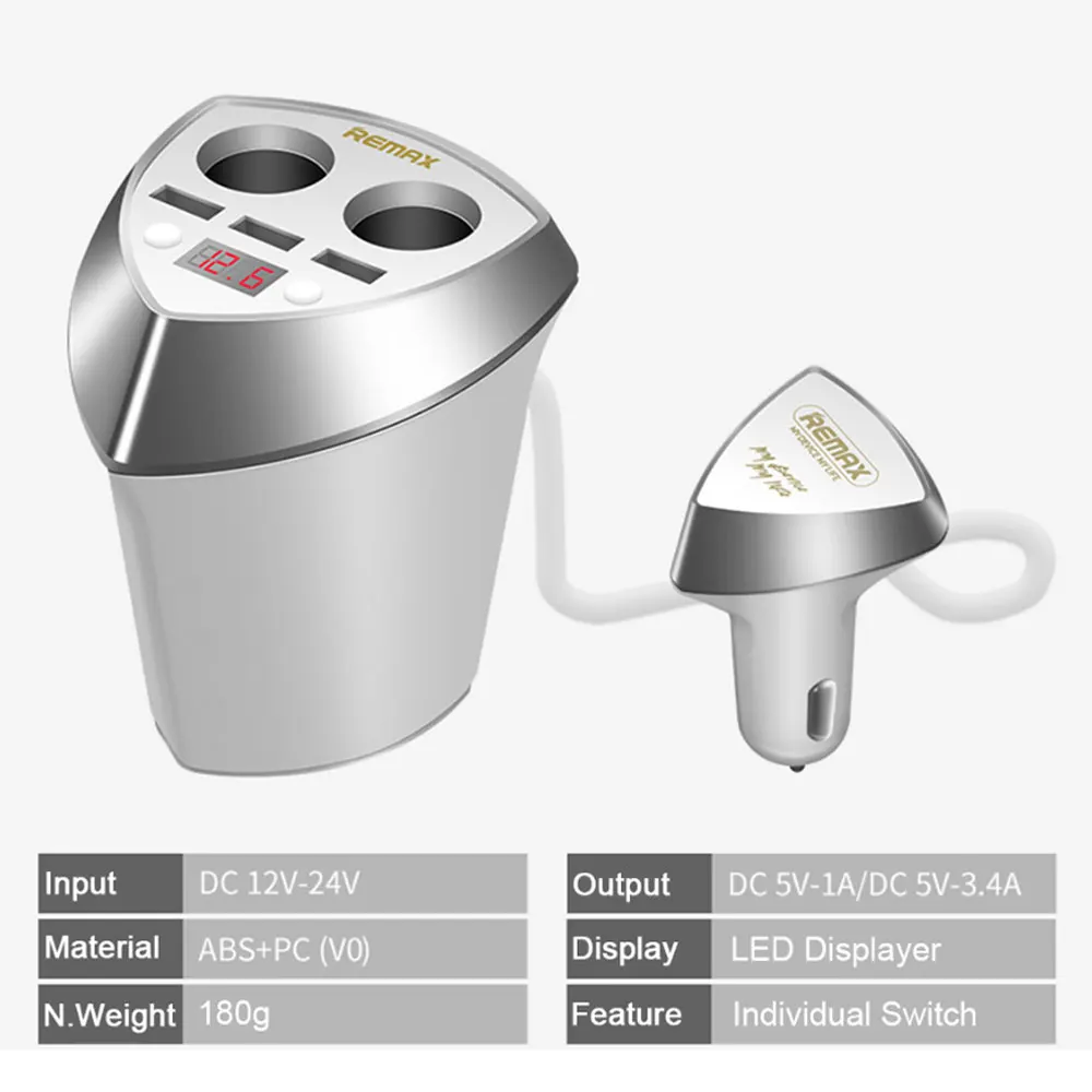 Remax 3 USB Smart Cup автомобильное зарядное устройство 3.4A адаптер прикуривателя со светодиодный дисплей для iPhone Xs max Xr X 8 7 6 plus 6s 5 s