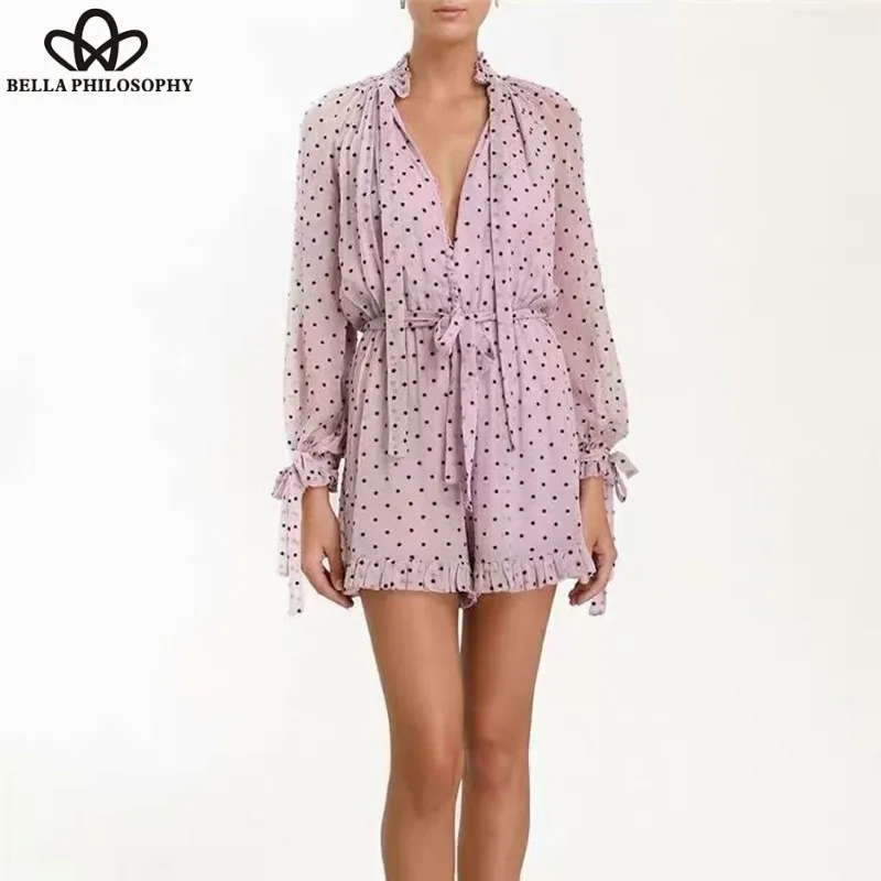 2019 Spring Long Sleeve Loose Boho Playsuits Vintage Polka Dot Female Sexy Jumpsuits Casual Lace-Up Lady Beach Rompers Wonder