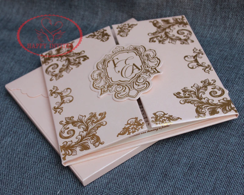 HI1142 - 02 Customized Pink Hard Cover Wedding Invitation Card with Gold Foil Made in China