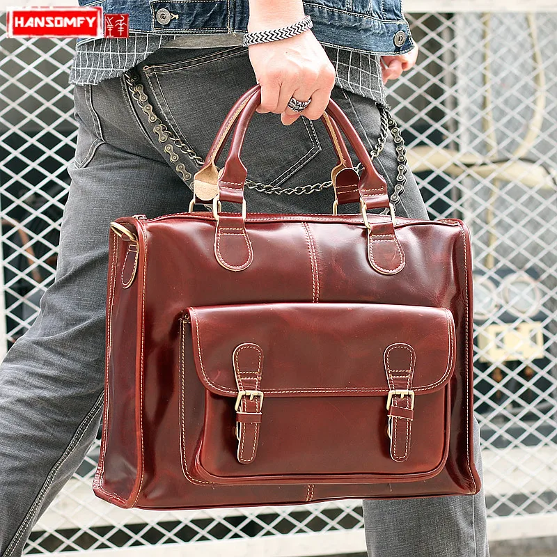 Hot Product  Men's handbag Real genuine leather large capacity travel business men shoulder messenger bags 14 in