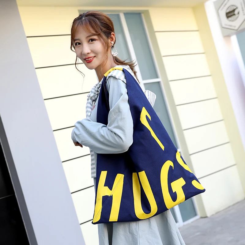 

Simple design large capacity tote shoulder bag white blue alphabet Canvas Totes Women shopping bag ladies hand bags