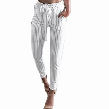 

2018 Autumn Spring Women Casual High Waist Pants White Black Striped Drawstring Elastic Waist Casual Trousers