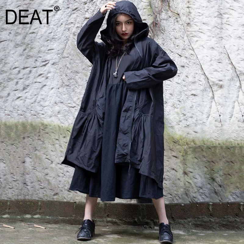 

[DEAT] 2019 New Spring Summer Lapel Hooded Long Sleeve Zipper Pleated Loose Personality Windbreaker Women Trench Fashion 1C10
