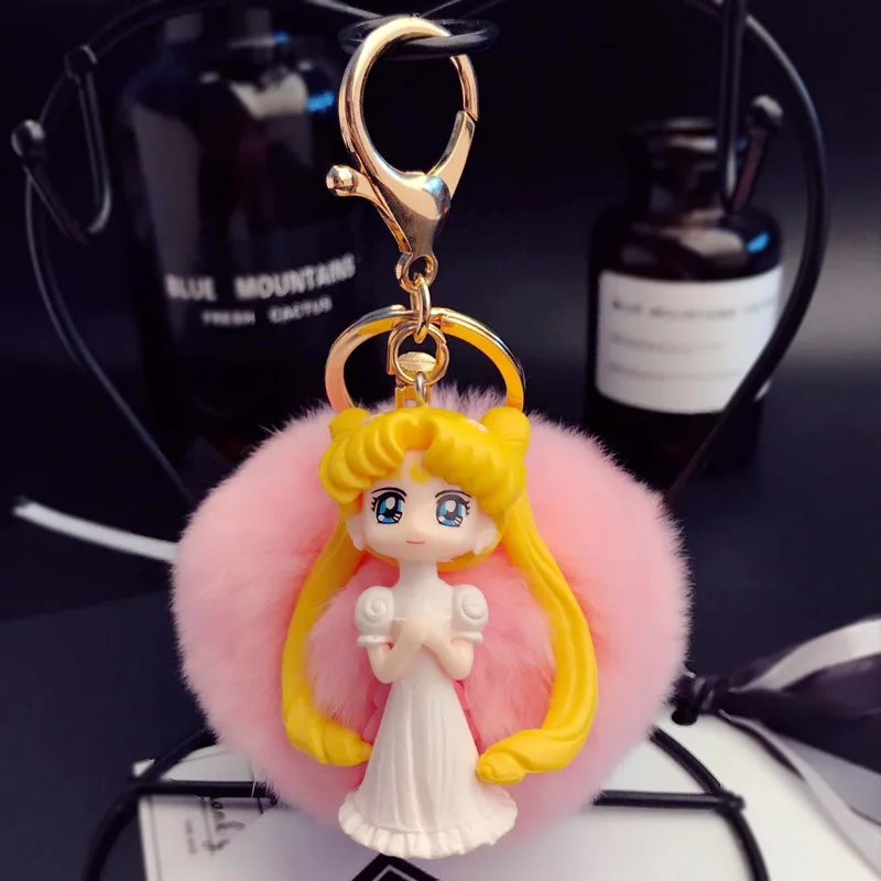 

Anime Sailor Moon Key Chains Real Rabbit Fur Ball Pompoms Keychains Cartoon doll Keyring holder Women Bag mistress Charm pendant