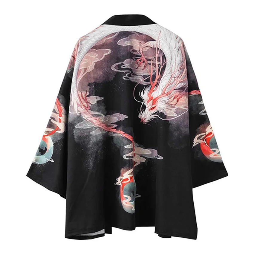 Ретро Sinicism японский стиль мужской кардиган пальто Harajuku свободный стиль хип хоп кимоно хаори тотемный Дракон принт уличная одежда верхняя одежда - Цвет: Color1