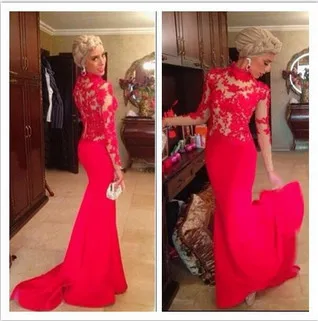

Vintage Lace long sleeve Mermaid 2018 Red Appliques high neck Formal Evening Gown Fashionable Party mother of the bride dresses