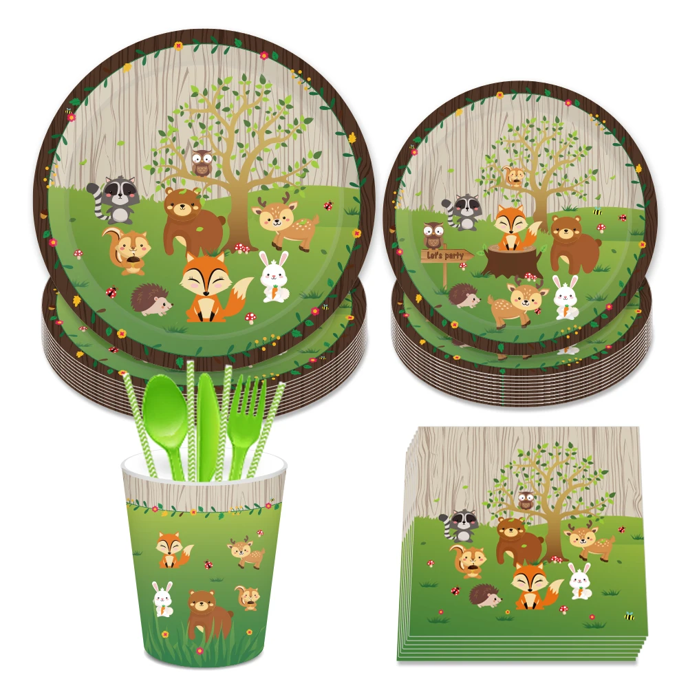 Baby Shower Woodland Party Decorations Carton Jungle Safari Animal Cake Border Disposable Tableware Sets Birthday Party Supplies